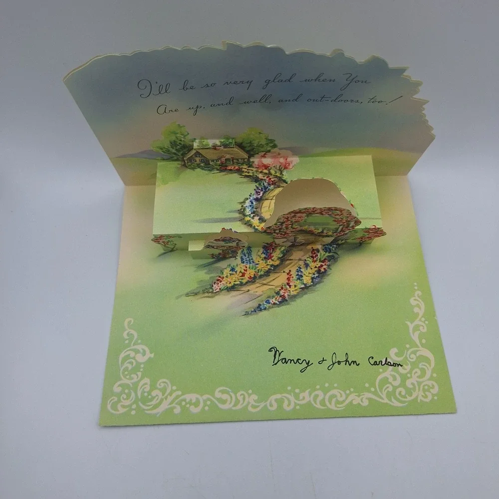 Vintage Carlson Pop Up Get Well Card Cottage‎ Floral Design